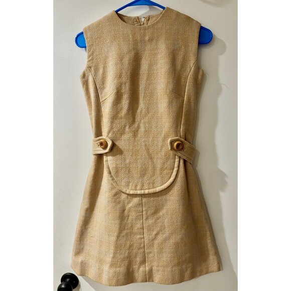 HANDMADE Vintage 60s Beige Gold Fleck Wool Blend Sleeveless Mini Dress Shift XS - Picture 2 of 5